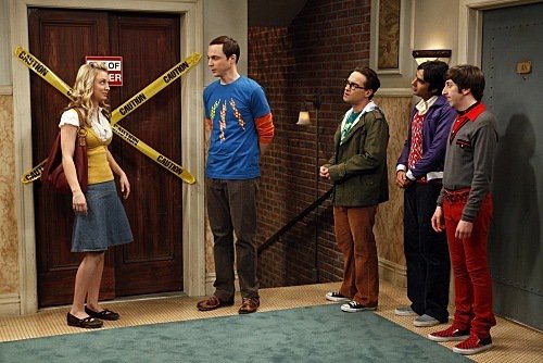 Cast in the hallway in The Big Bang Theory
