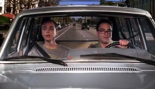 Sheldon and Leonard in a car.