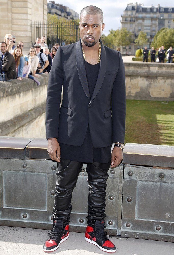 Kanye West in leather jogging pants